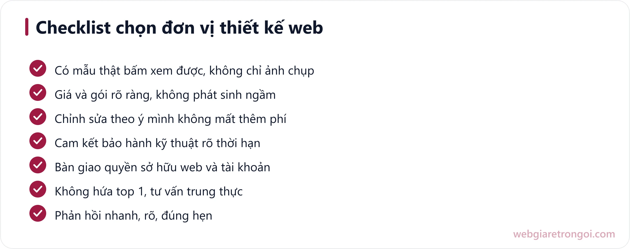 Checklist 7 điểm chọn đơn vị thiết kế web uy tín: xem mẫu thật, giá minh bạch, bảo hành, bàn giao sở hữu