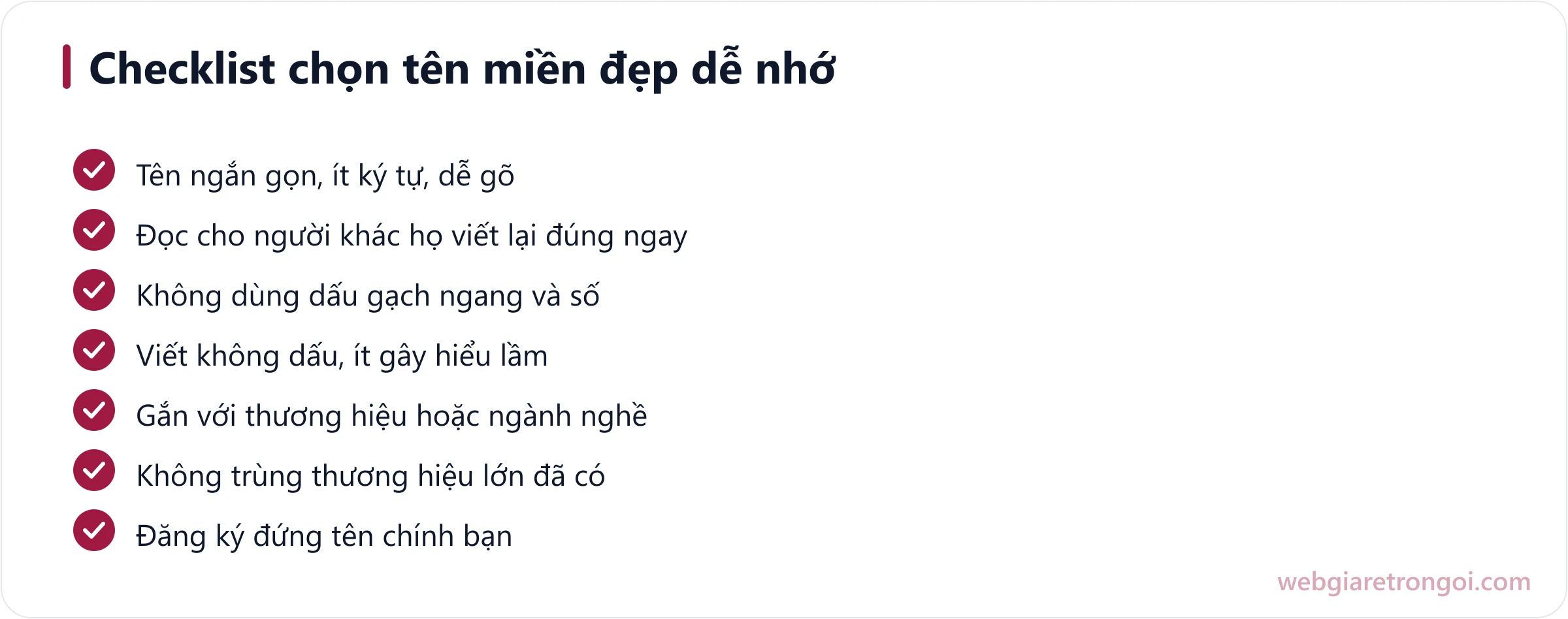 Checklist các tiêu chí chọn tên miền đẹp dễ nhớ chuẩn SEO trước khi đăng ký
