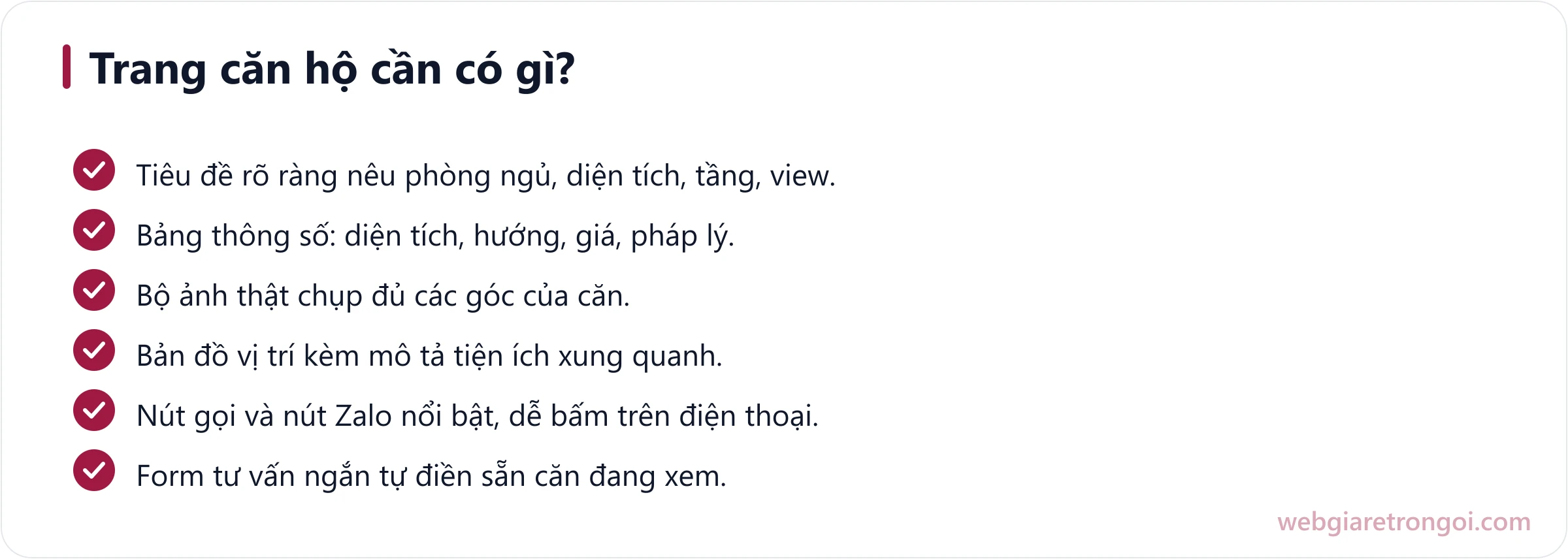 Checklist các khối thông tin cần có trên trang căn hộ bất động sản: tiêu đề, bảng thông số, ảnh, bản đồ, nút liên hệ