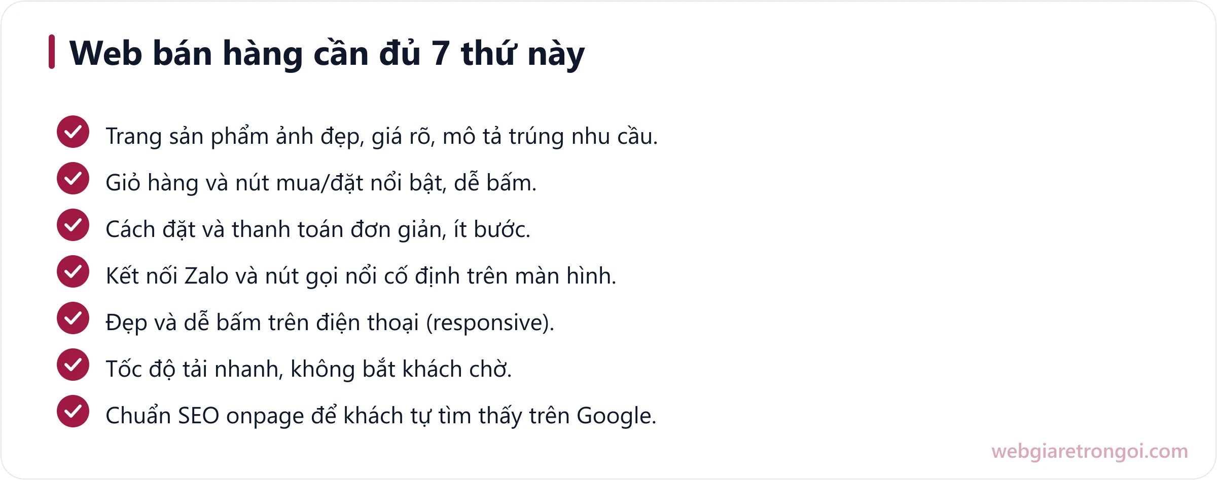Checklist 7 thứ một web bán hàng cần có: trang sản phẩm, giỏ hàng, nút mua, thanh toán, Zalo, tốc độ, chuẩn SEO
