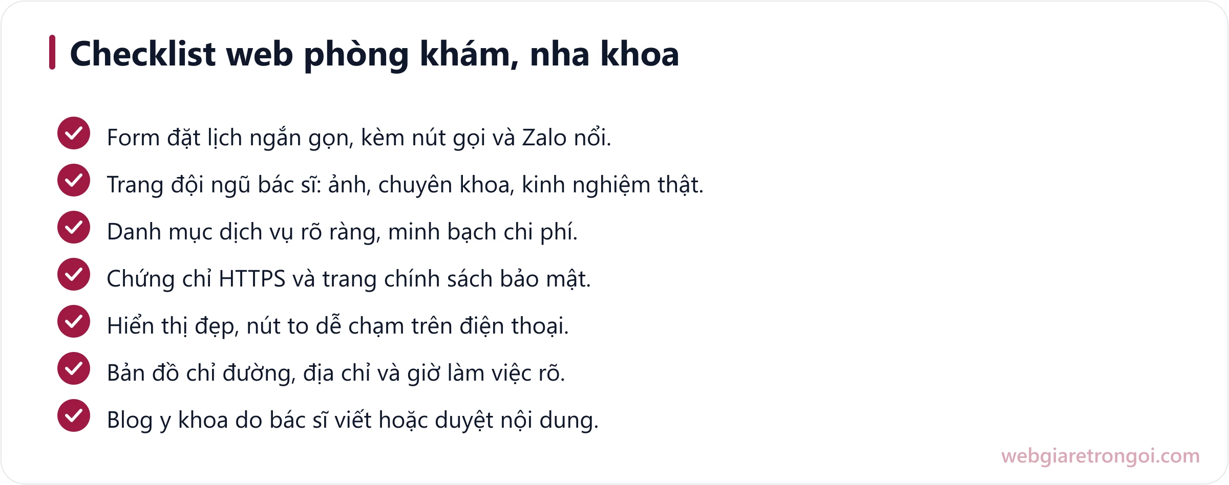 Danh sách kiểm tra sáu điều cốt lõi cho website phòng khám nha khoa: đặt lịch, bác sĩ, dịch vụ, bảo mật, mobile, bản đồ