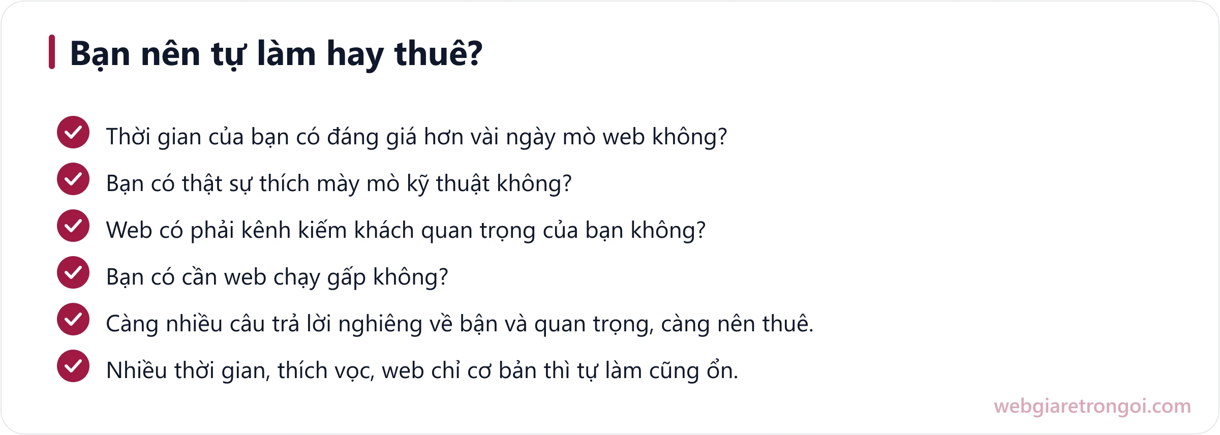 Bộ câu hỏi tự kiểm giúp quyết định nên tự làm web hay thuê thiết kế web giá rẻ