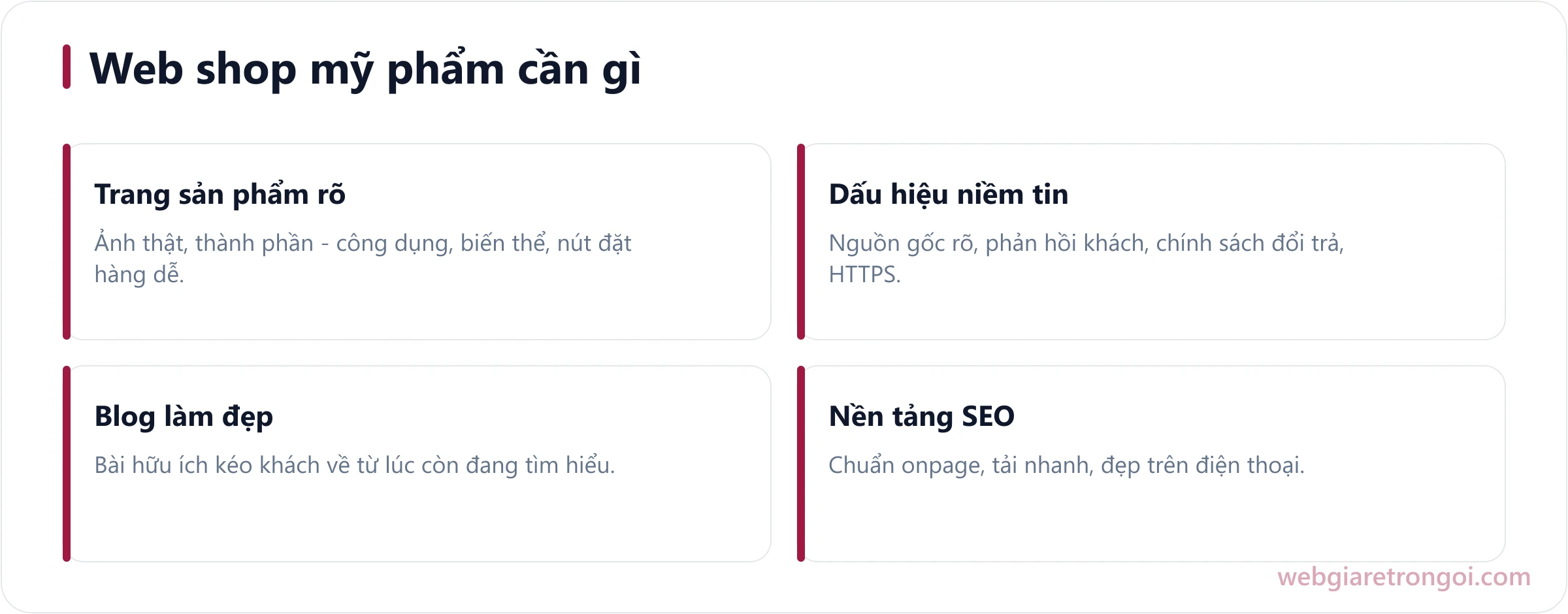 Sơ đồ các khối nội dung cần có của web shop mỹ phẩm chuẩn SEO: sản phẩm, niềm tin, blog làm đẹp, nền tảng SEO