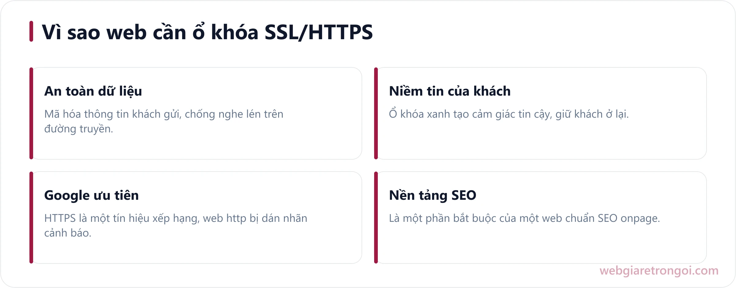 Sơ đồ ba lợi ích chính của SSL HTTPS cho website: an toàn dữ liệu, niềm tin khách, Google ưu tiên