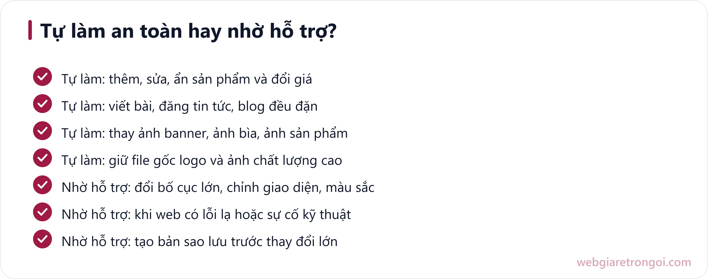 Danh sách phân biệt việc tự làm an toàn và việc nên nhờ hỗ trợ kỹ thuật khi quản lý website